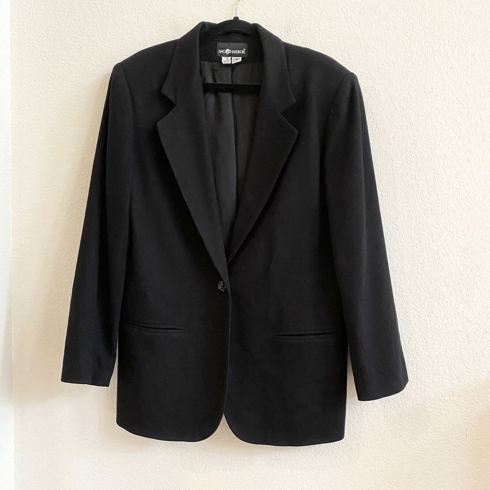 Sag Harbor Wool Blazer Jacket Coat 14 Medium Black Button Woolmark Lined Notched